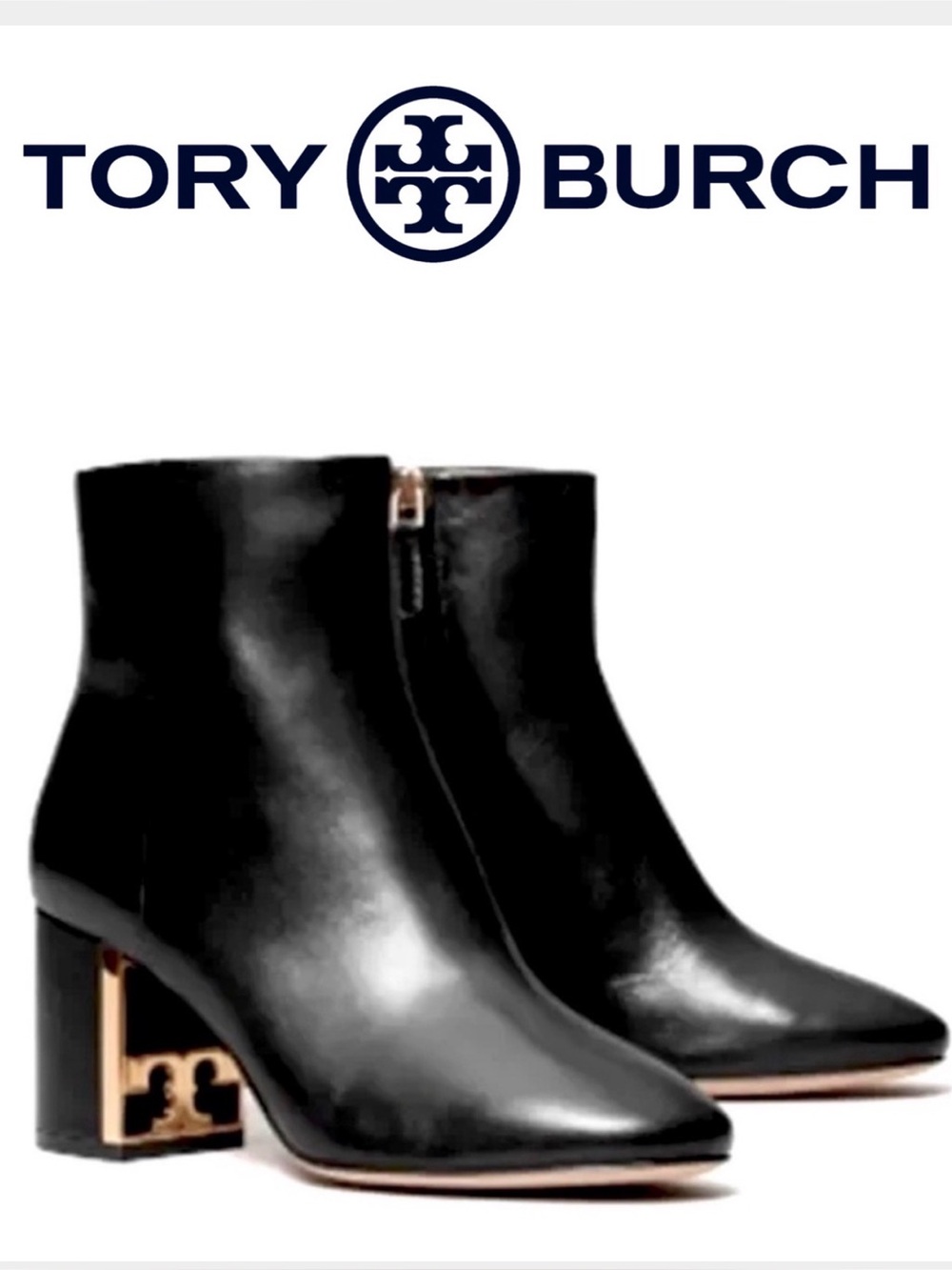 TORY BURCH BLACK GIGI LOGO HEEL BOOTS